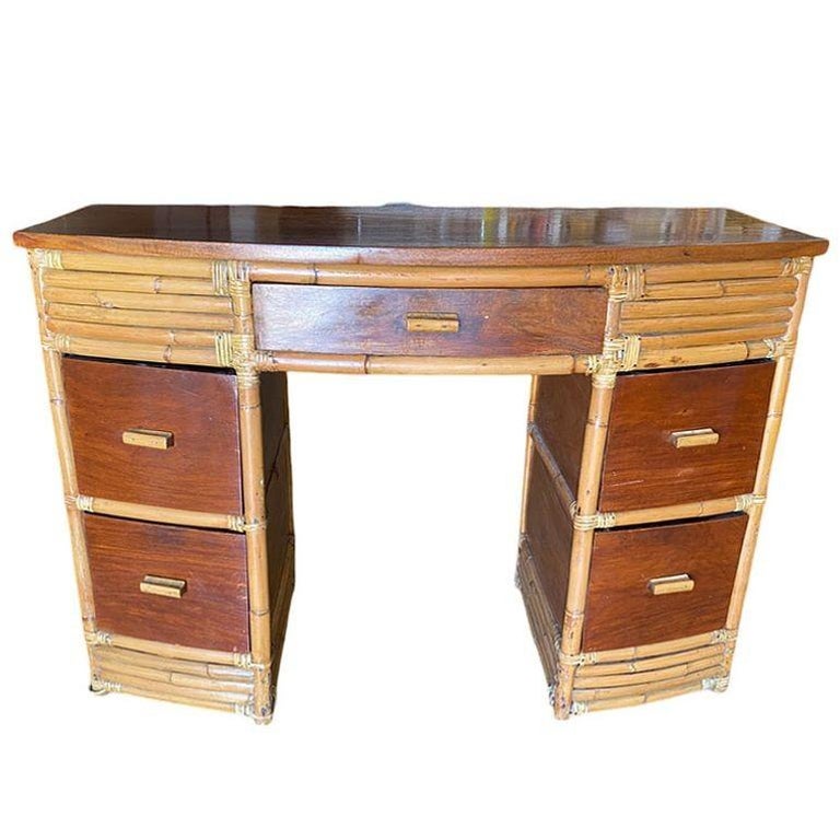 Rare Restored Bespoke Modernist Stacked Rattan & Mahogany Secretary Desk