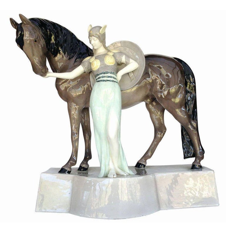Ceramic Valkyrie and Horse Sculpture by Stanislaus Capeque for Goldscheider