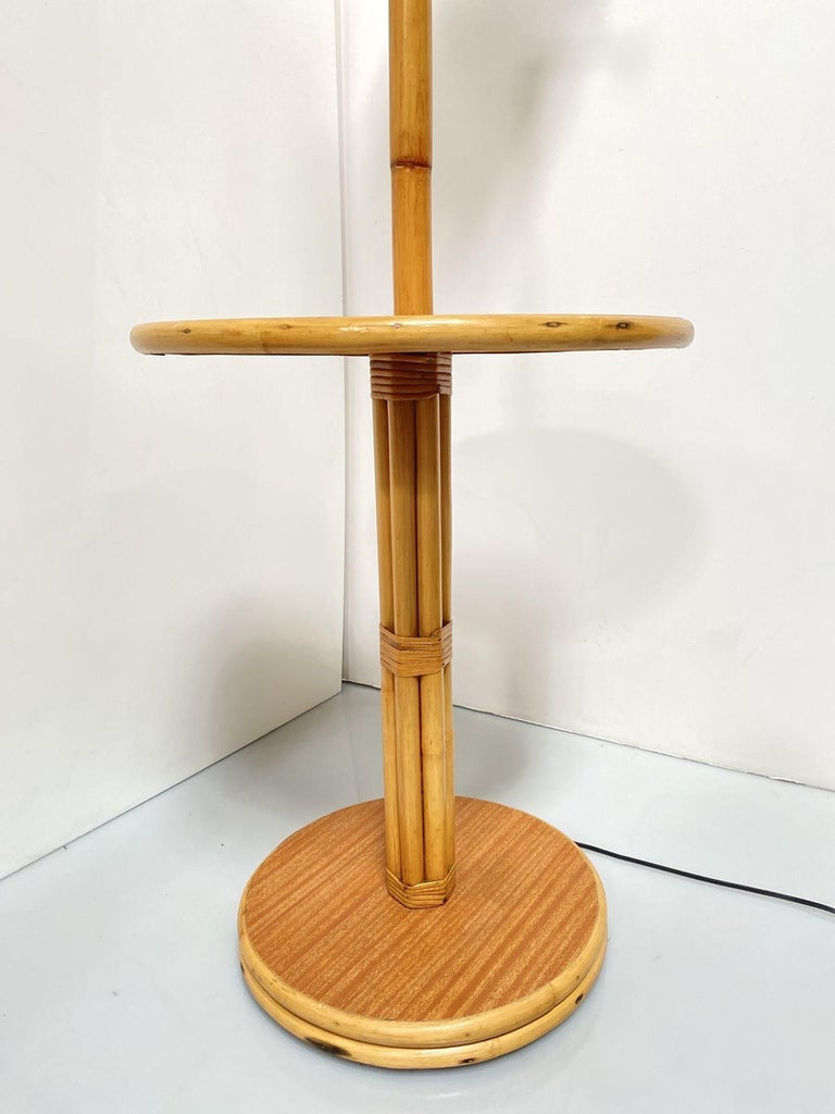 Mid Century Rattan Swing Arm Floor Lamp w/ Drink Stand