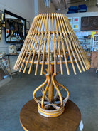 Restored Modernist Stacked Stick Reed Rattan Table Lamp w/ Rattan Shade