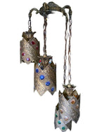 Hollywood Regency Jewel Prisms Filigree 5 Light Hanging Chandelier, Circa 1950