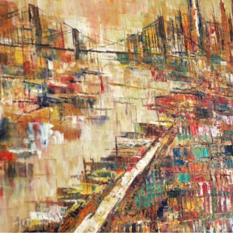 Mid-Century Modern Oil on Canvas Cityscape by M. Dick