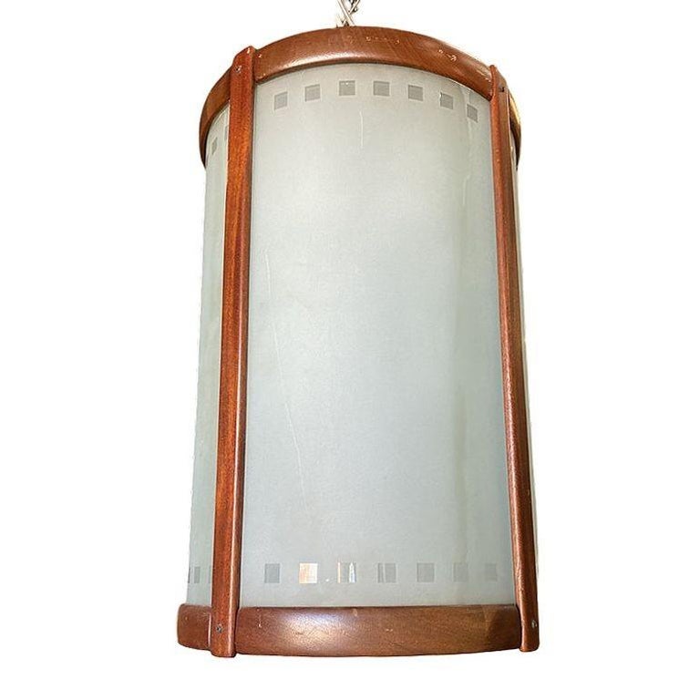 Mid-century Nakashima Style Teak Cylinder Pendant w/ Frosted Shade, 3 Available