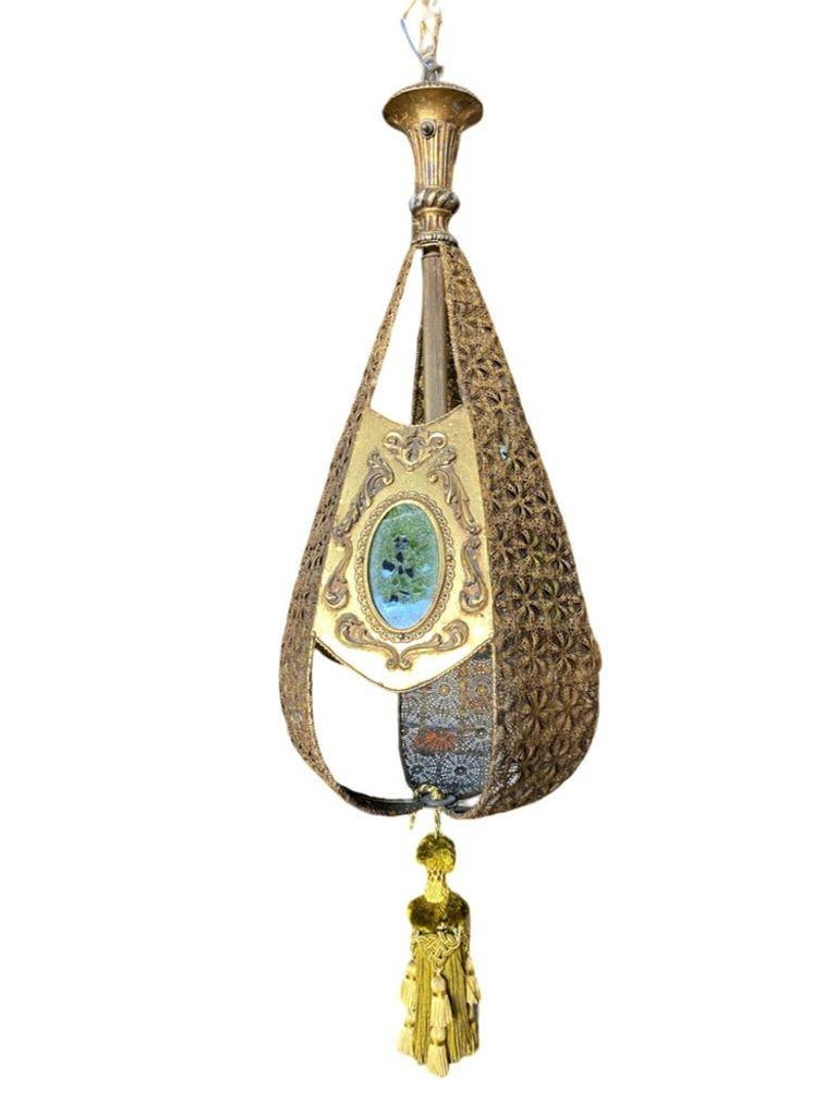 Hollywood Regency Jewel Prisms Filigree Pendant Light, Circa 1950