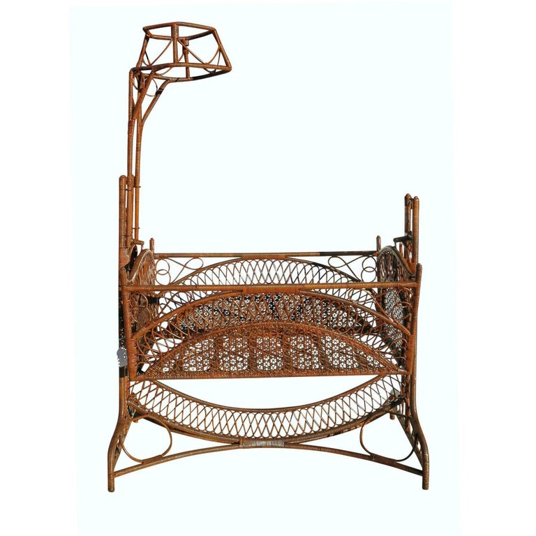 Restored Late Victorian Wicker & Bamboo Swinging Cradle