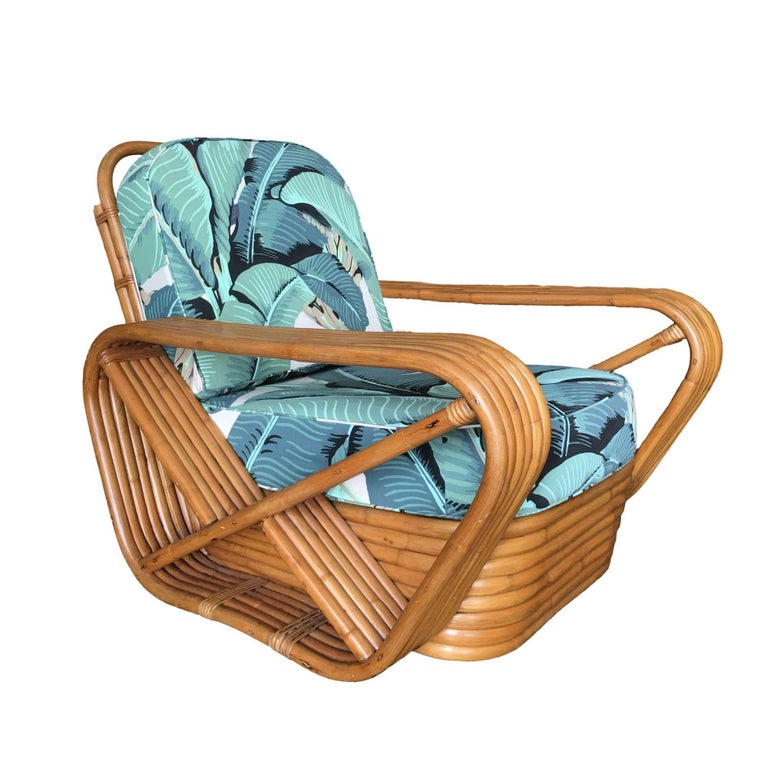 Restored Rattan Six-Strand Square Pretzel Lounge Chair Paul Frankl Style