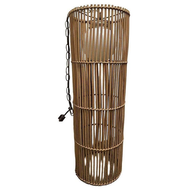 Large Mid-century Split Stick Reed Rattan Hanging Cylinder Chandelier Pendant
