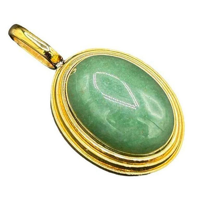 Large 14k Gold Stepped Natural Aventurine Oval Pendent