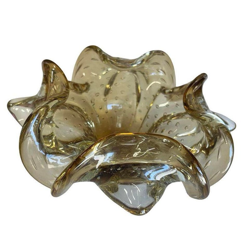 Mid-century Bullicante Amber Gold-Tone Ruffle Murano Art Glass Ashtray