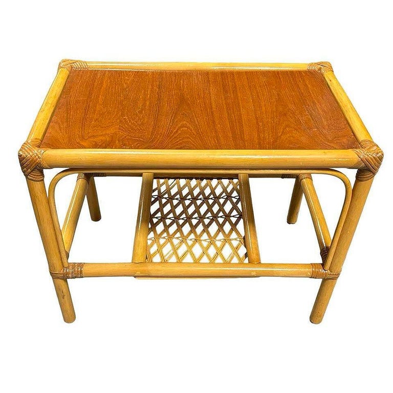 Restored Mid-century 2 Tier Rattan & Wicker Coffee Cocktail Table w Mahogany Top