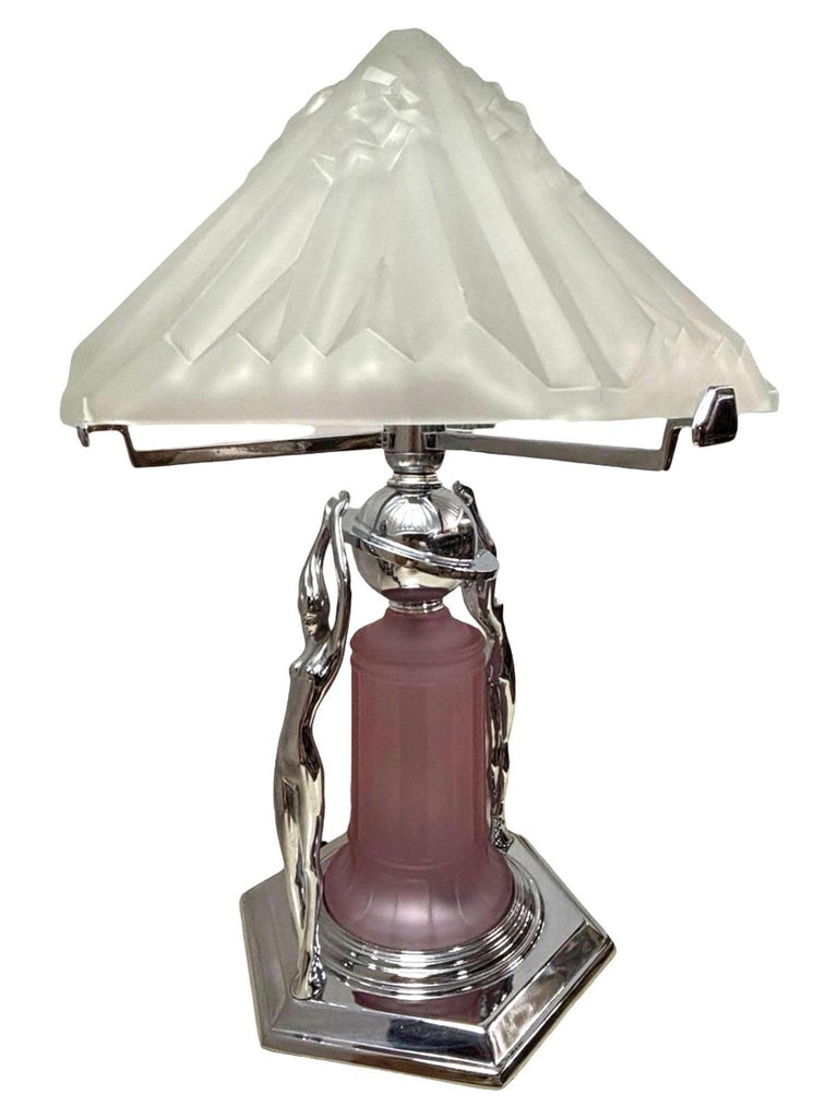 Frankart Era Art Deco Style Chrome Figural Lamp w/ Vivian Glass Shade