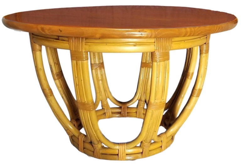 Restored Mid-century Rattan & Mahogany 3-Strand Round Drum Base Coffee Table