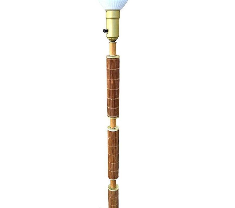 Mid-century Rattan & Brass Floor Lamp w/ Mahogany