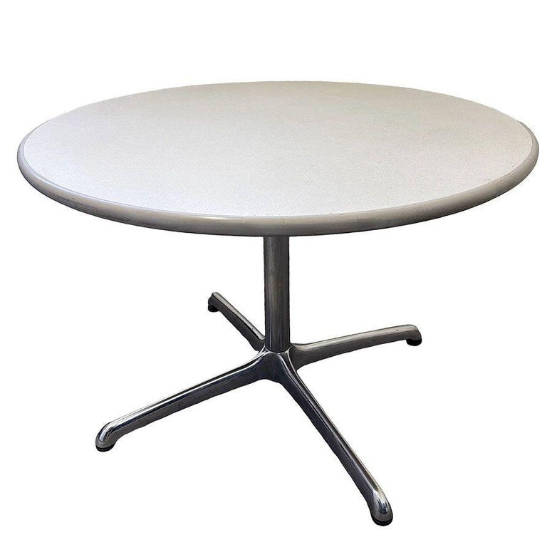 Mid-century 42″ Round Laminate Grey Dining Table w/ Chrome Base by Steelcase