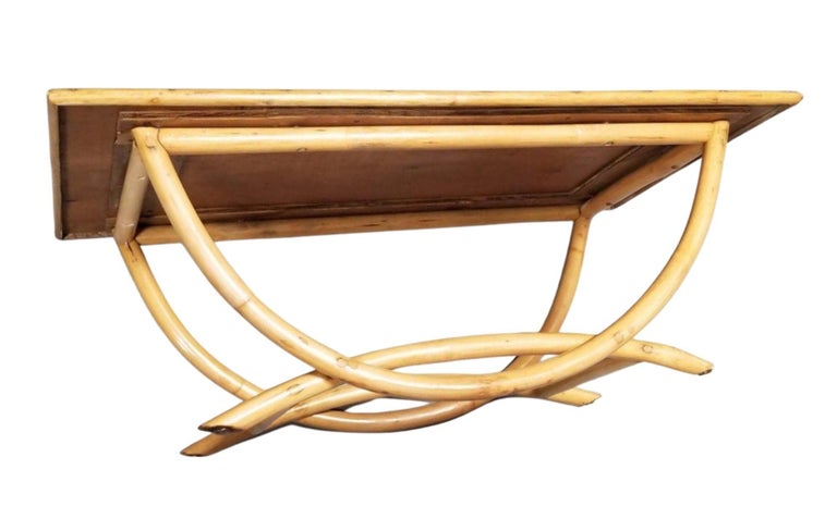 Restored Mid-century Rattan Coffee Table w/ Arched Legs & Mahogany Top