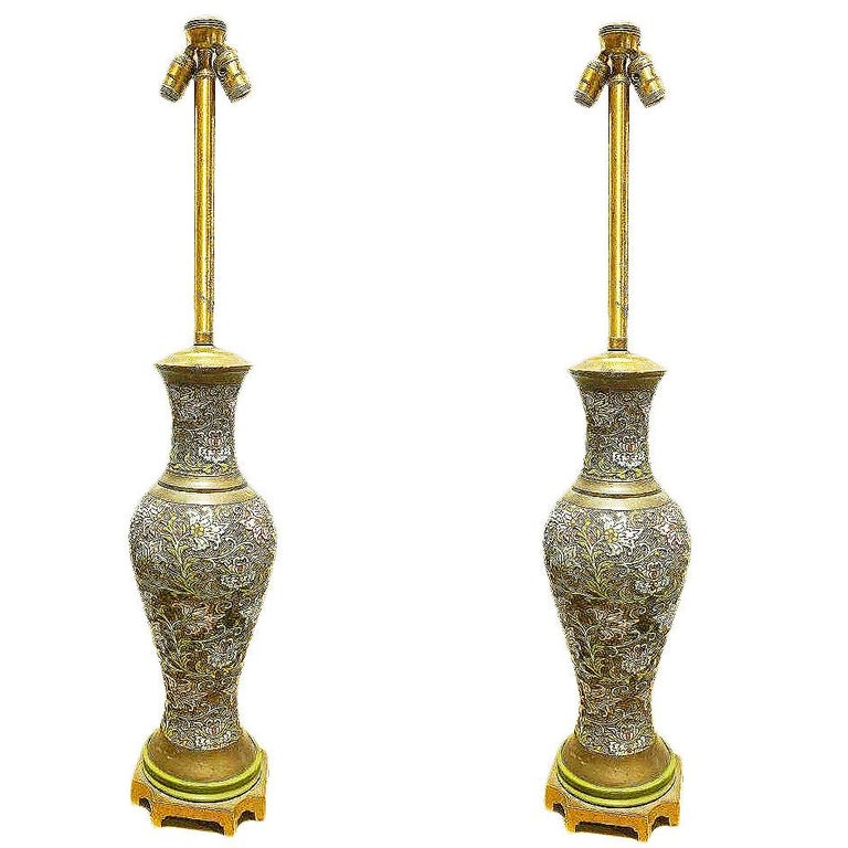 Arts & Craft Chinese Bronze Cloisonné Enamel Vase Lamp by Mimi London, Pair