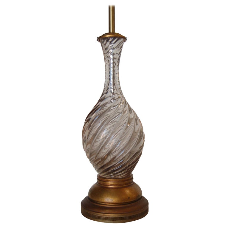 Italian Pink Metalic Swirled Murano Glass Table Lamp on Gold Wood Base