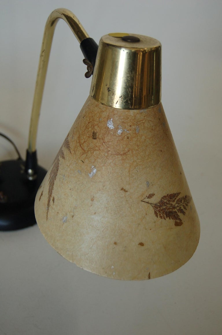 Double Gooseneck Brass Desk Table Lamp with Pressed Floral Fiberglass