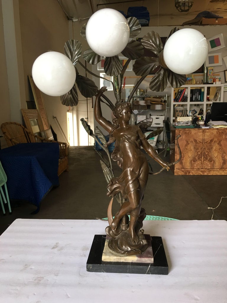 Early Three Bulb Art Nouveau Figural Bronze and Marble Table Lamp