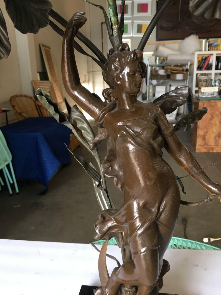 Early Three Bulb Art Nouveau Figural Bronze and Marble Table Lamp