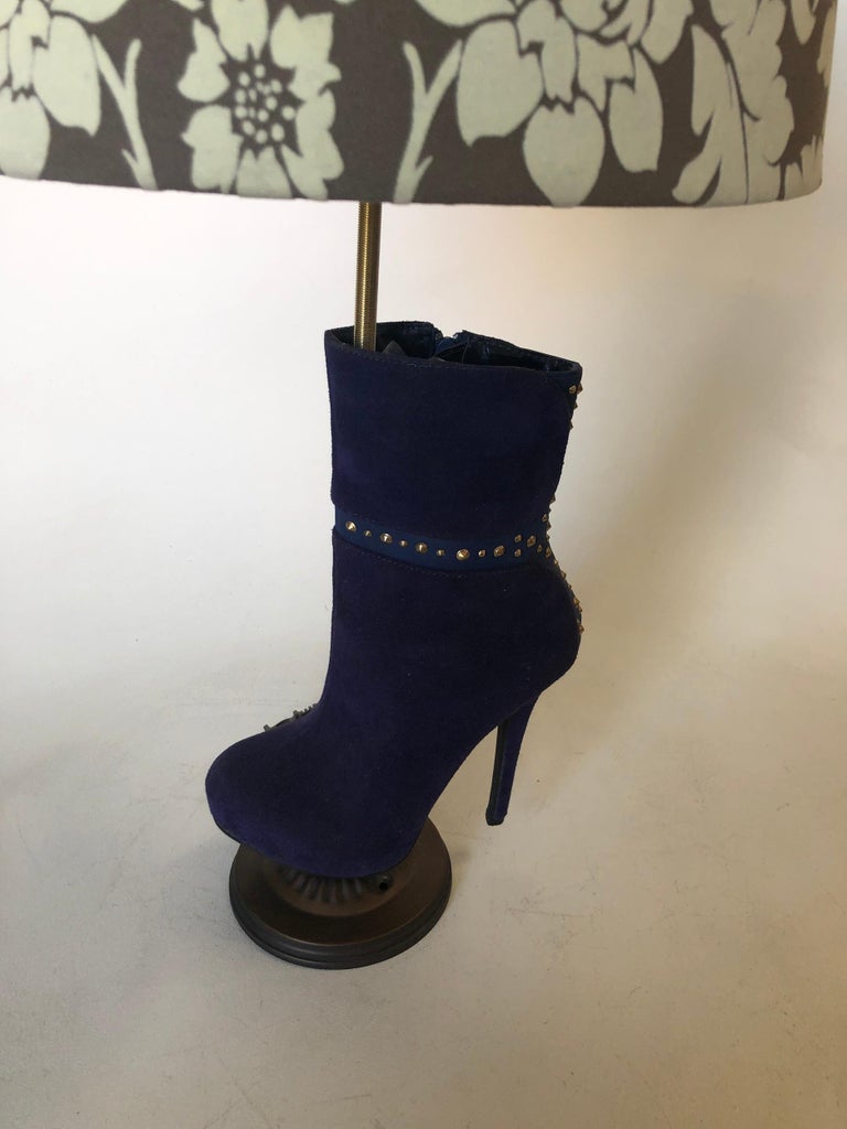 Purple Stiletto High Heel Boot Table Lamp with Floral Lamp Shade