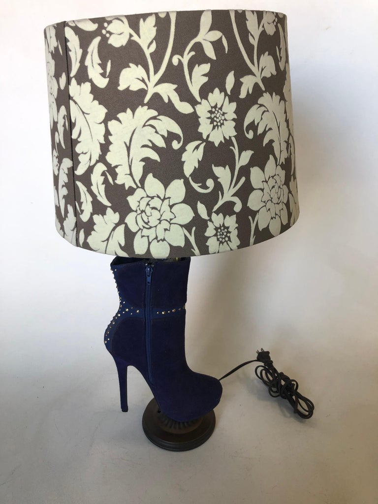 Purple Stiletto High Heel Boot Table Lamp with Floral Lamp Shade