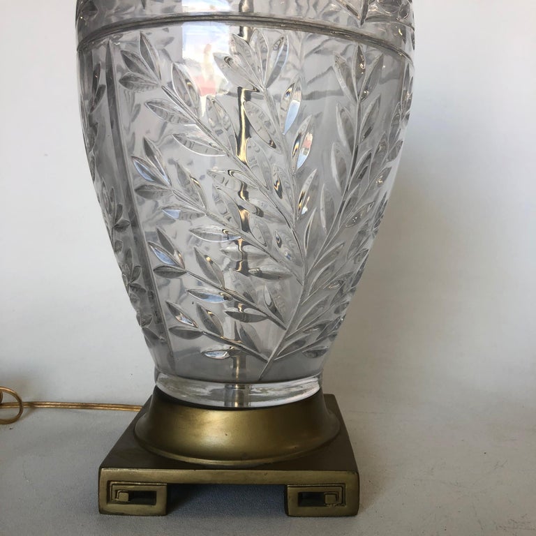 Midcentury Leaf Motif Cut Crystal Table Lamp with Brass Hardware
