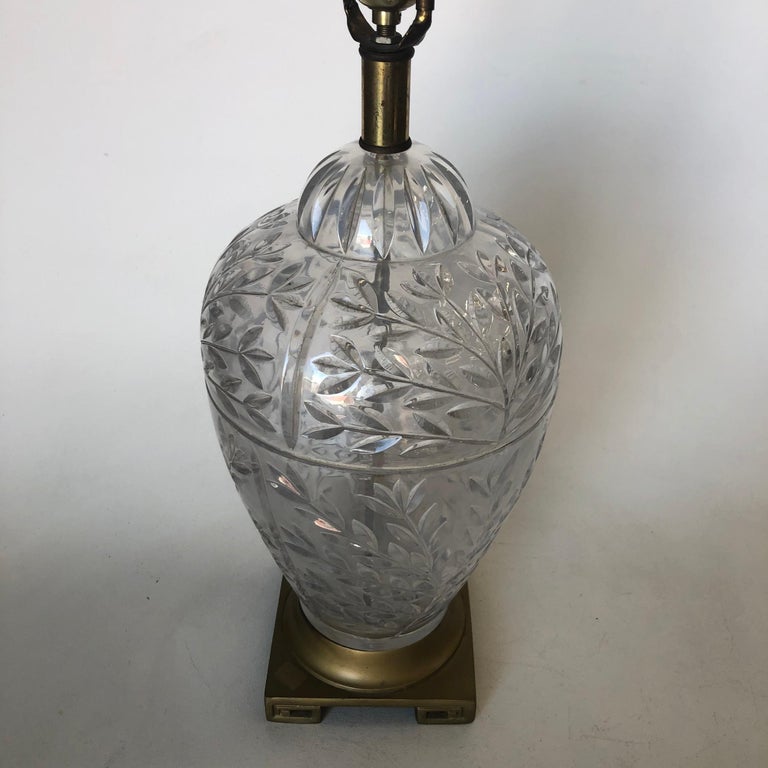 Midcentury Leaf Motif Cut Crystal Table Lamp with Brass Hardware