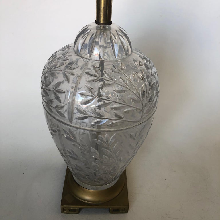 Midcentury Leaf Motif Cut Crystal Table Lamp with Brass Hardware