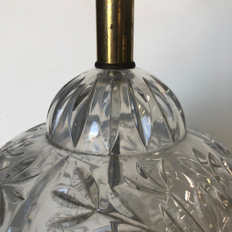 Midcentury Leaf Motif Cut Crystal Table Lamp with Brass Hardware
