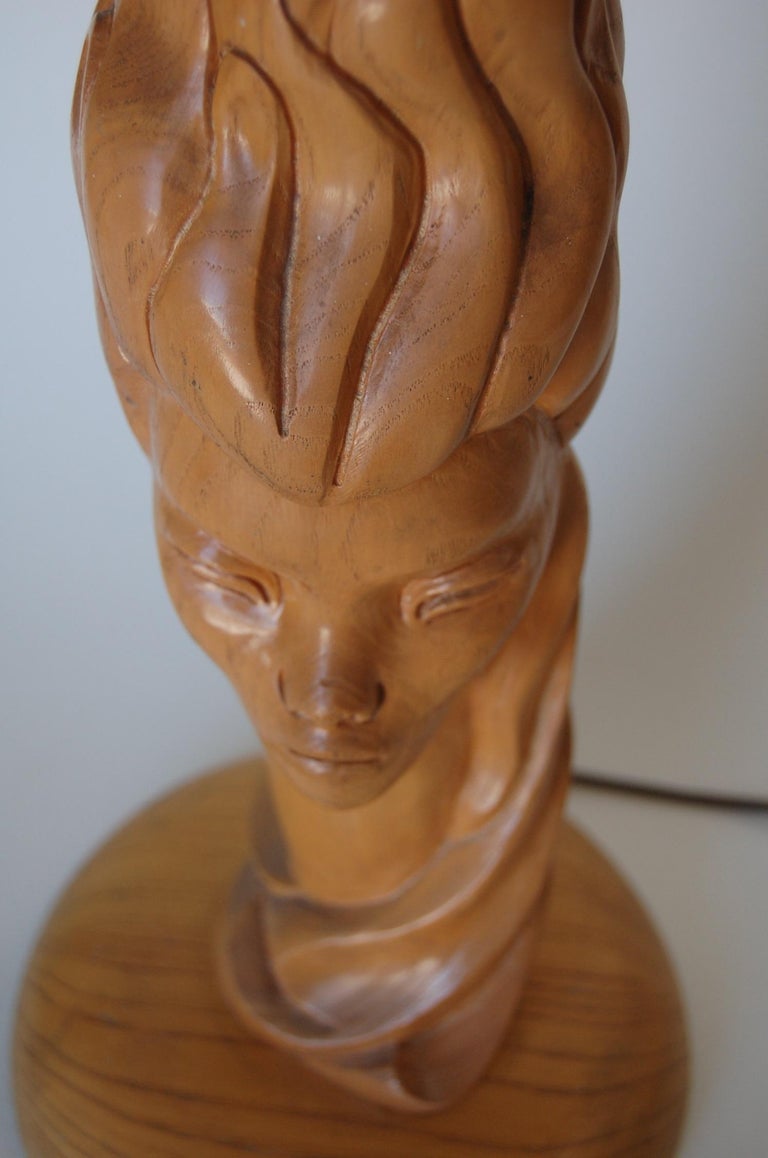 Midcentury Carved Oak Modernist Female Bust Table Lamp