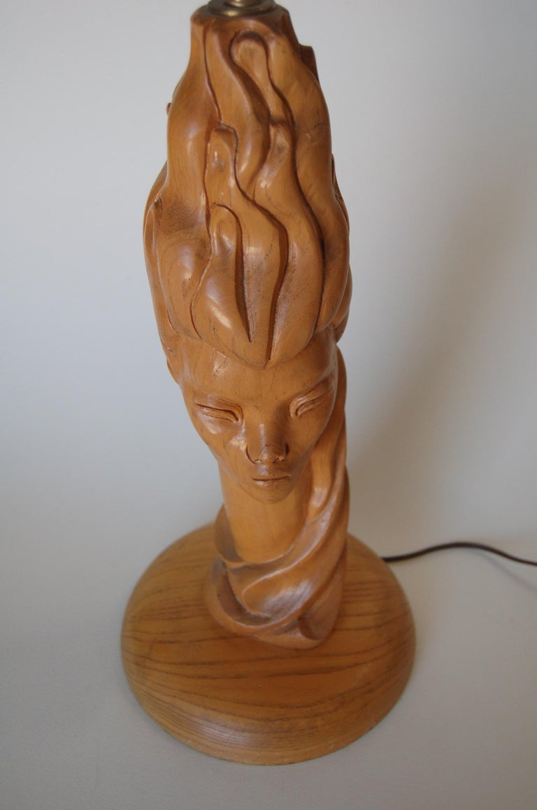 Midcentury Carved Oak Modernist Female Bust Table Lamp