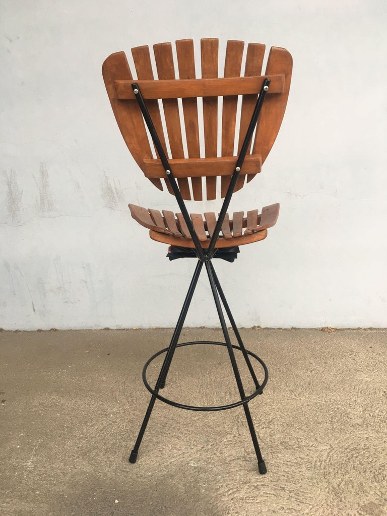 Arthur Umanoff Style Slate Bar Stool with Black Wrought Iron Base