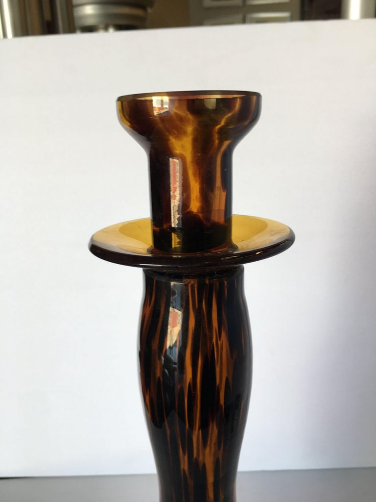 Large Hand Blown Amber Murano Glass Candlestick Holder