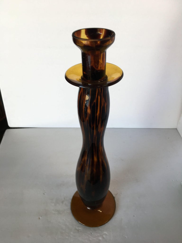 Large Hand Blown Amber Murano Glass Candlestick Holder