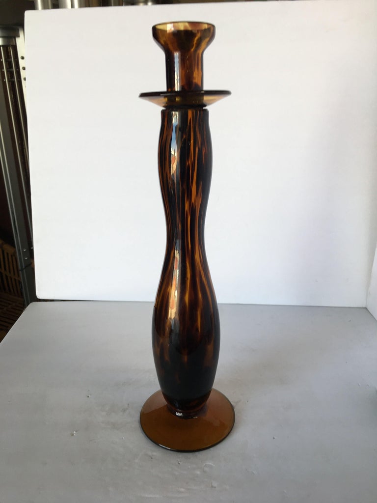 Large Hand Blown Amber Murano Glass Candlestick Holder