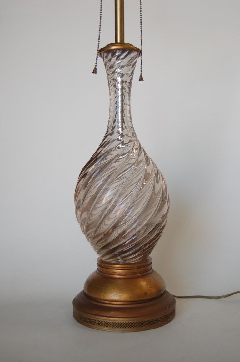 Italian Pink Metalic Swirled Murano Glass Table Lamp on Gold Wood Base