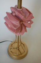 Midcentury Brass Spindel Table Lamp with Ceramic Flower Accent