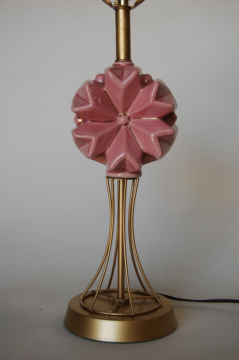 Midcentury Brass Spindel Table Lamp with Ceramic Flower Accent