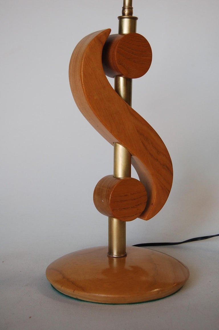 Carved Oak and Brass Biomorphic Modernist Table Lamp, Pair