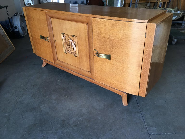 James Mont Style Sideboard with Carved Art Sculpture