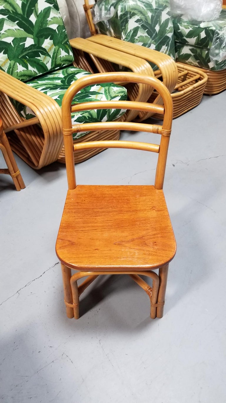 Restored Midcentury Rattan Dining Side Chair with Mahogany Seat, Set of Six