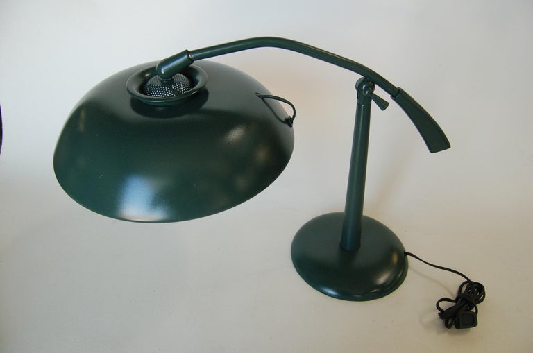Midcentury Green Enamel Brass Swivel Table Lamp with Large Saucer Shade