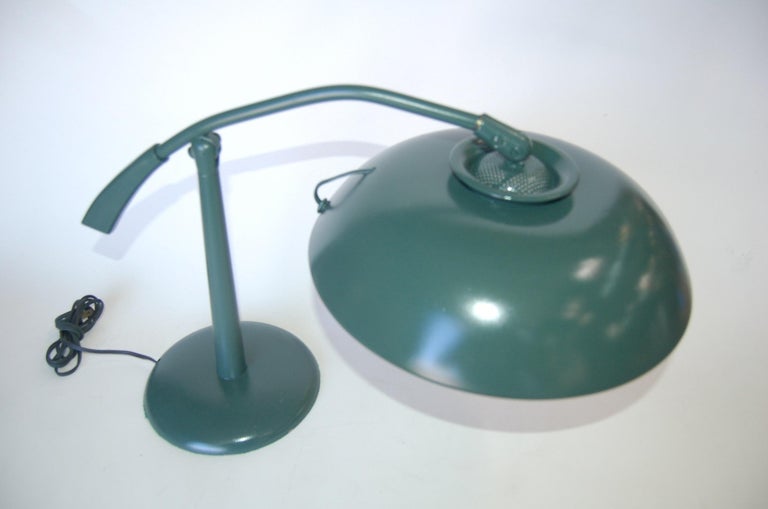 Midcentury Green Enamel Brass Swivel Table Lamp with Large Saucer Shade