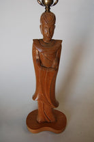 Midcentury Carved Oak Chinese Monk Wood Figure Lamp
