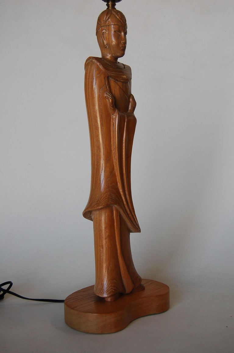 Midcentury Carved Oak Chinese Monk Wood Figure Lamp