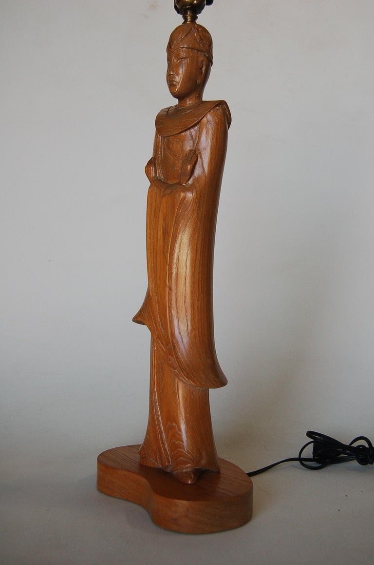Midcentury Carved Oak Chinese Monk Wood Figure Lamp