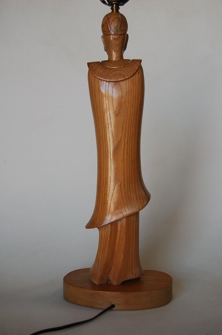 Midcentury Carved Oak Chinese Monk Wood Figure Lamp