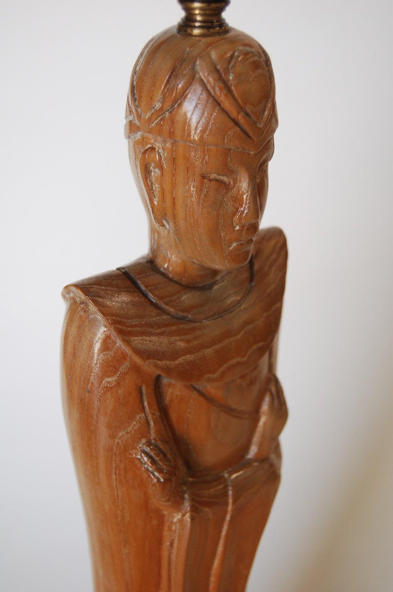 Midcentury Carved Oak Chinese Monk Wood Figure Lamp