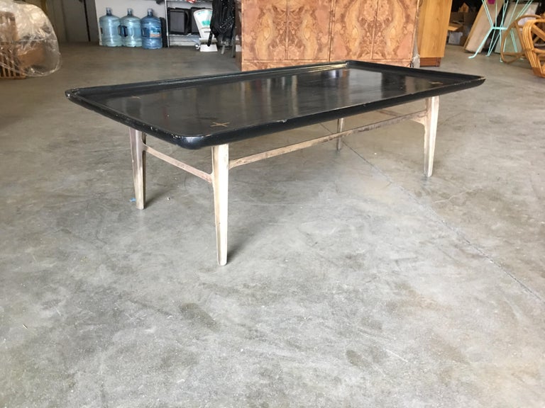 Rare Midcentury Black Lacquer Coffee Table with Solid Cast Bronze Base